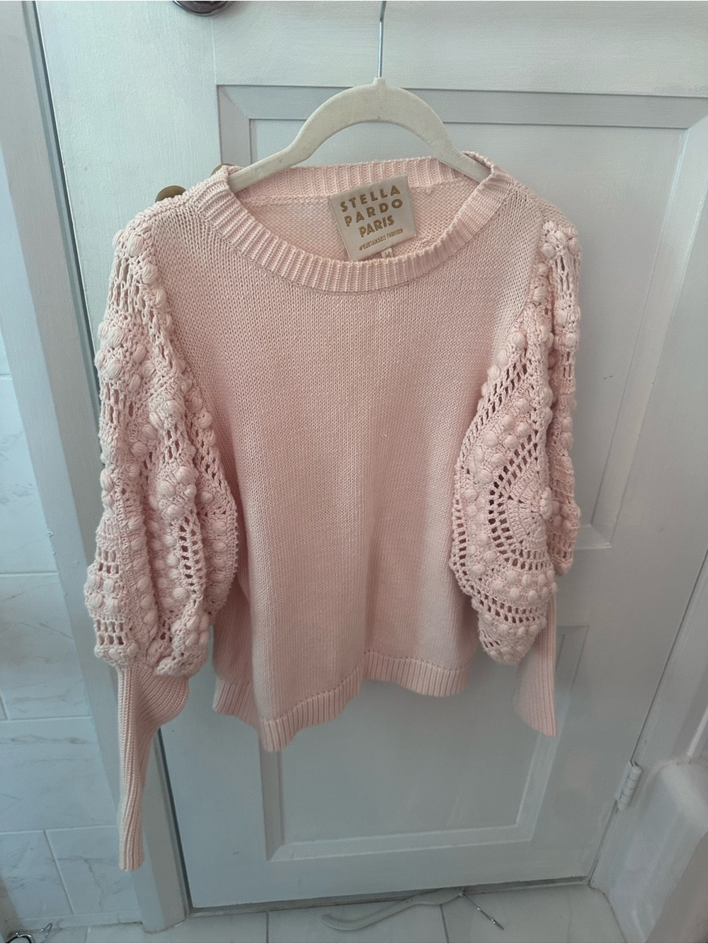 Pink Crochet-Sleeve Women's Sweater